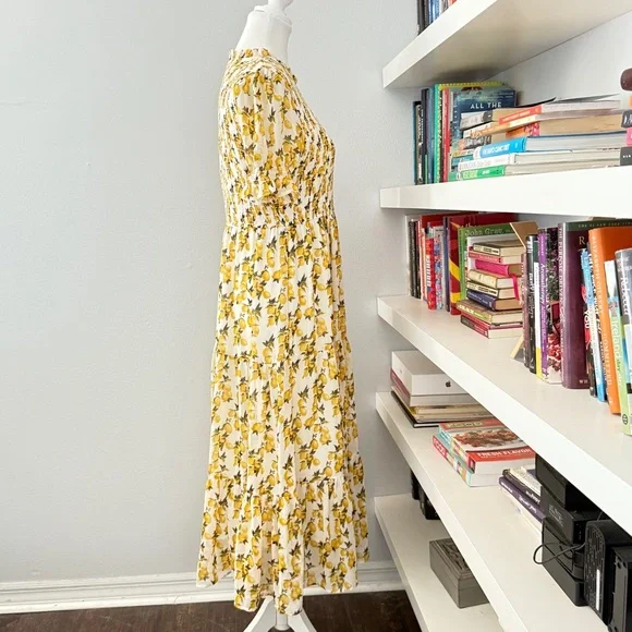 IVY CITY CO Lemon Drop Layered Smocked Maxi Dress puff sleeve Lemon Print Large - Picture 7 of 12